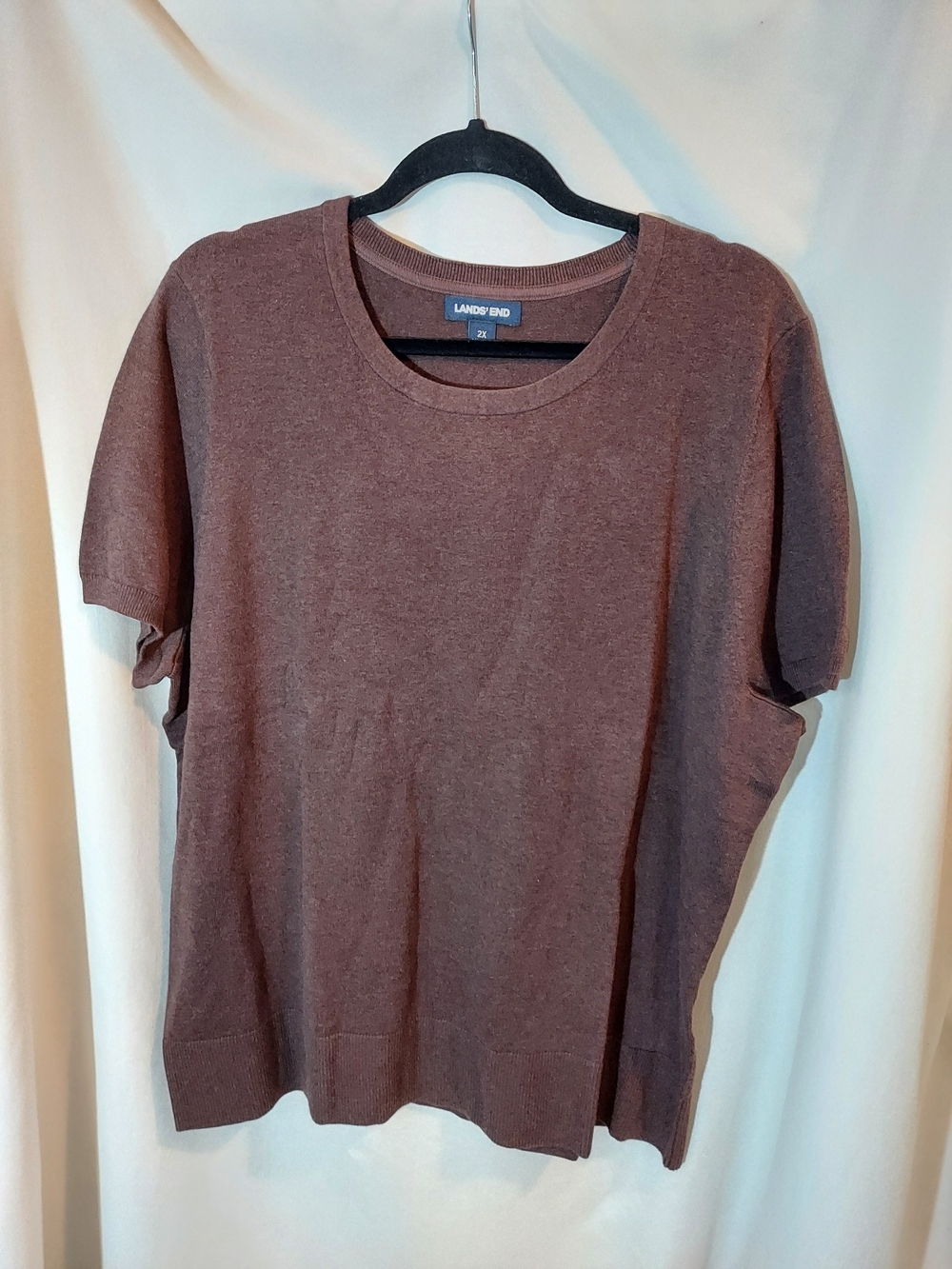 Lands’ End Short Sleeve Knit Sweater 2X Brown Heather Cotton Crew Neck Plus Size
